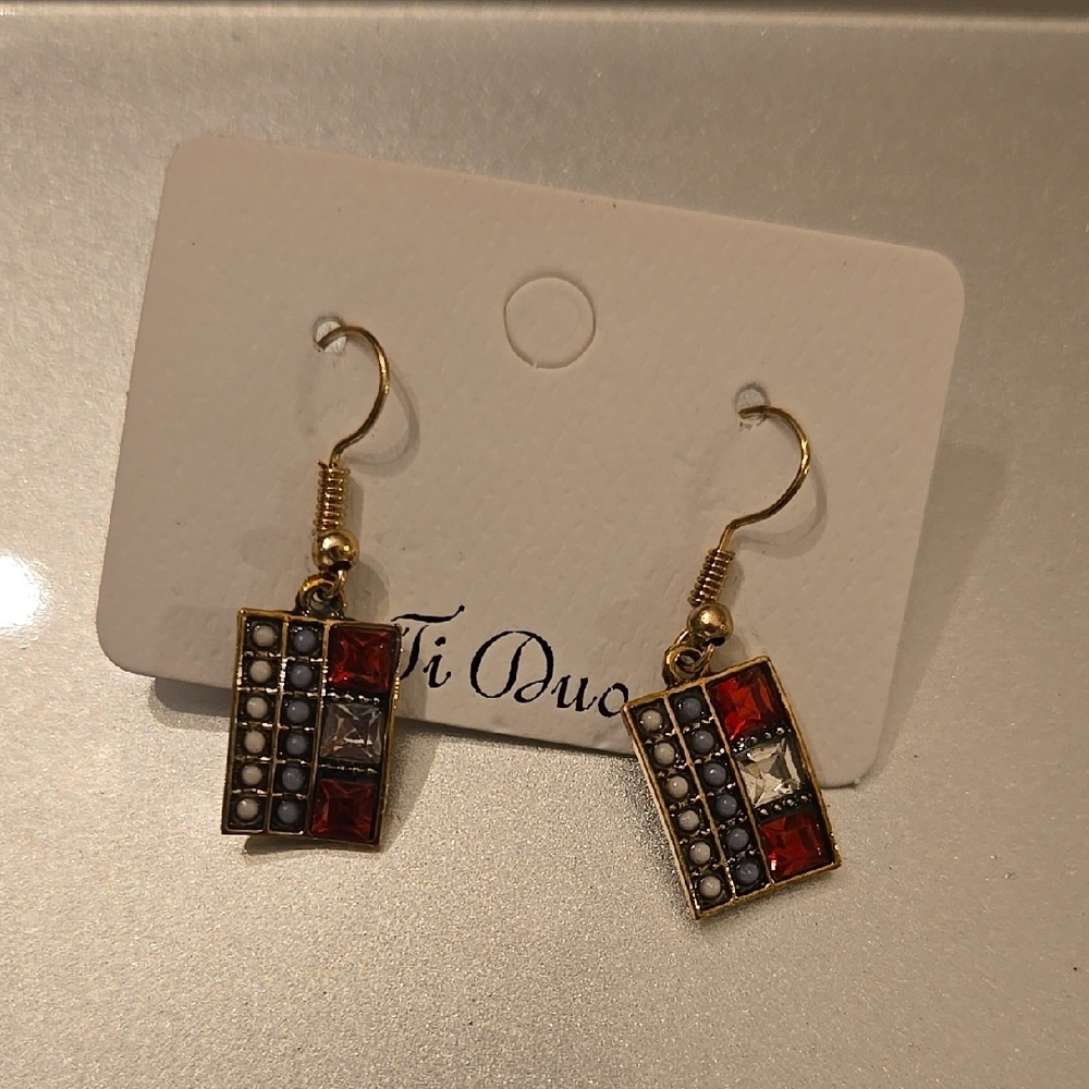 Gold and Red Rectangular Earrings with Sparkling Accents
